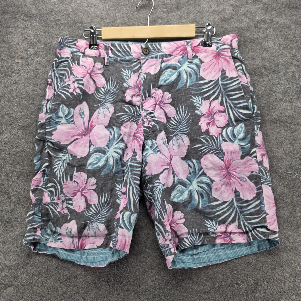 Tommy Bahama Shorts Mens 35 Gray Pink Floral Linen Chino 10 Inseam Hawaiian